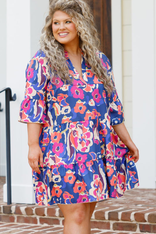 Blue Floral Print Ruffled Mini Dress