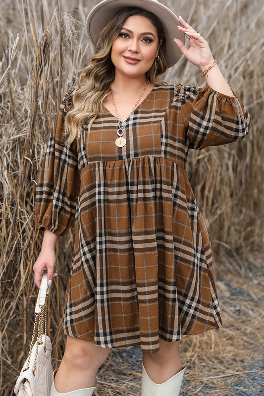 Brown Plaid V Neck Babydoll Dress