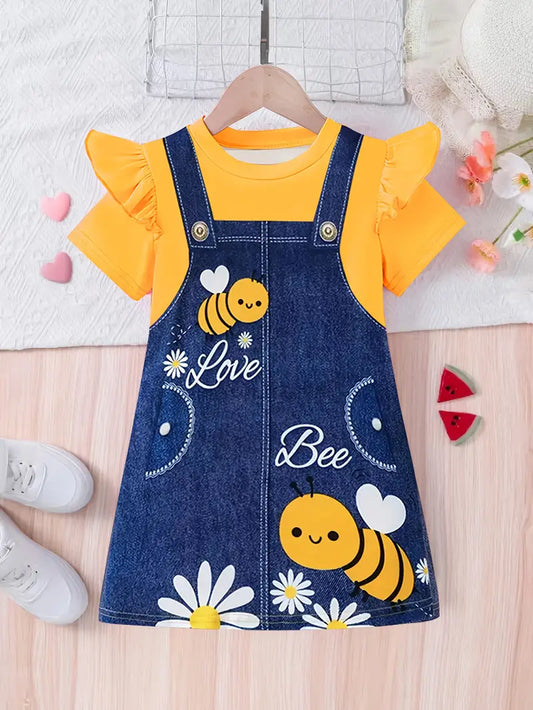 Denim Print Flutter Trim Short Sleeve Dress For Girls Summer