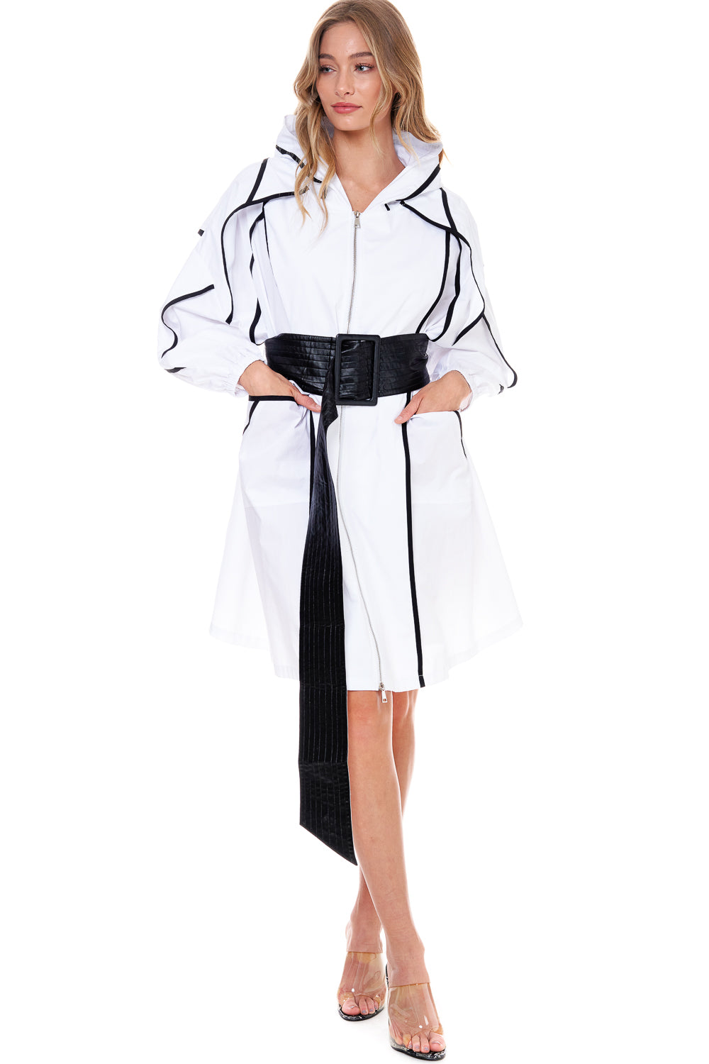 Black & White Piping Coat Dress with Wide Belt