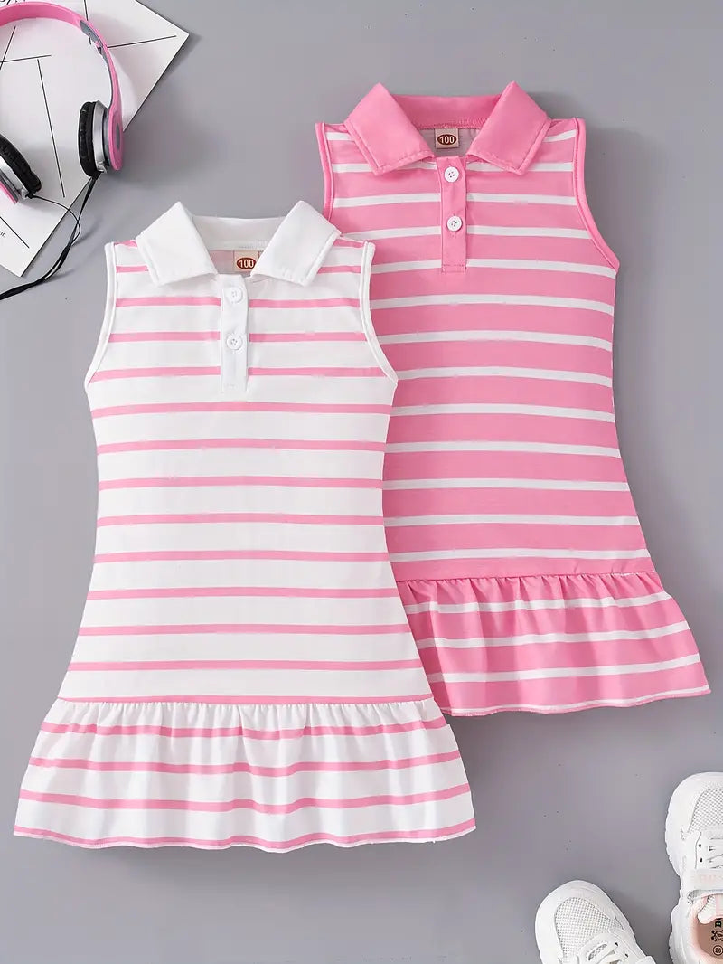 2pcs Striped Button Design Sleeveless Dress